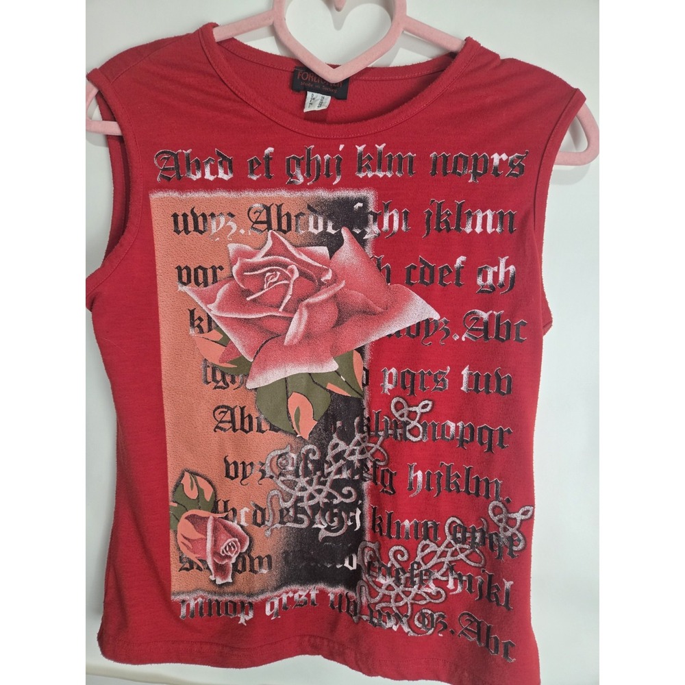 Vtg Y2k Foreigner Ladies Tank Top Sleeveless shirt Us6 Uk10 Rose Tribal Script - Picture 1 of 6